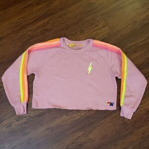 Aviator Nation Pink Neon Chic Edgy Feminine Cropped Crew Sweatshirt Size Small